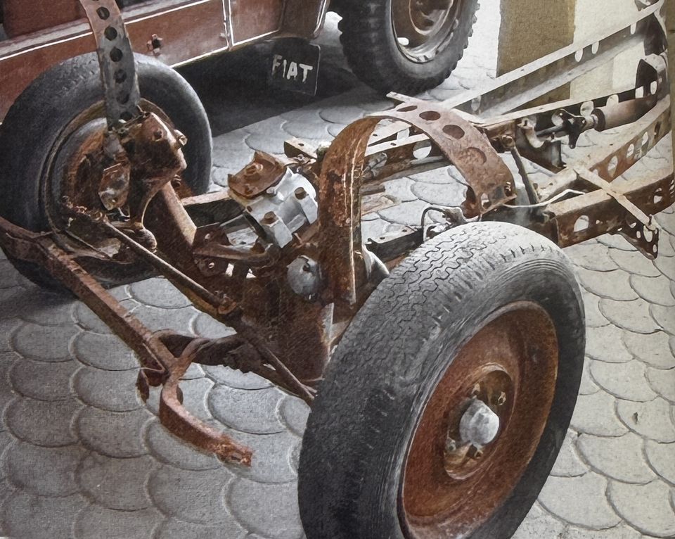 Fiat 1100 – restauro del telaio – l'avantreno coperto di ruggine